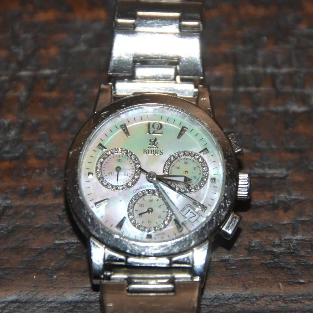 RARE VINTAGE ESTATE MAYORS BIRKS DIAMOND WHITE MOP CHRONOGRAPH SILVER BAND WATCH